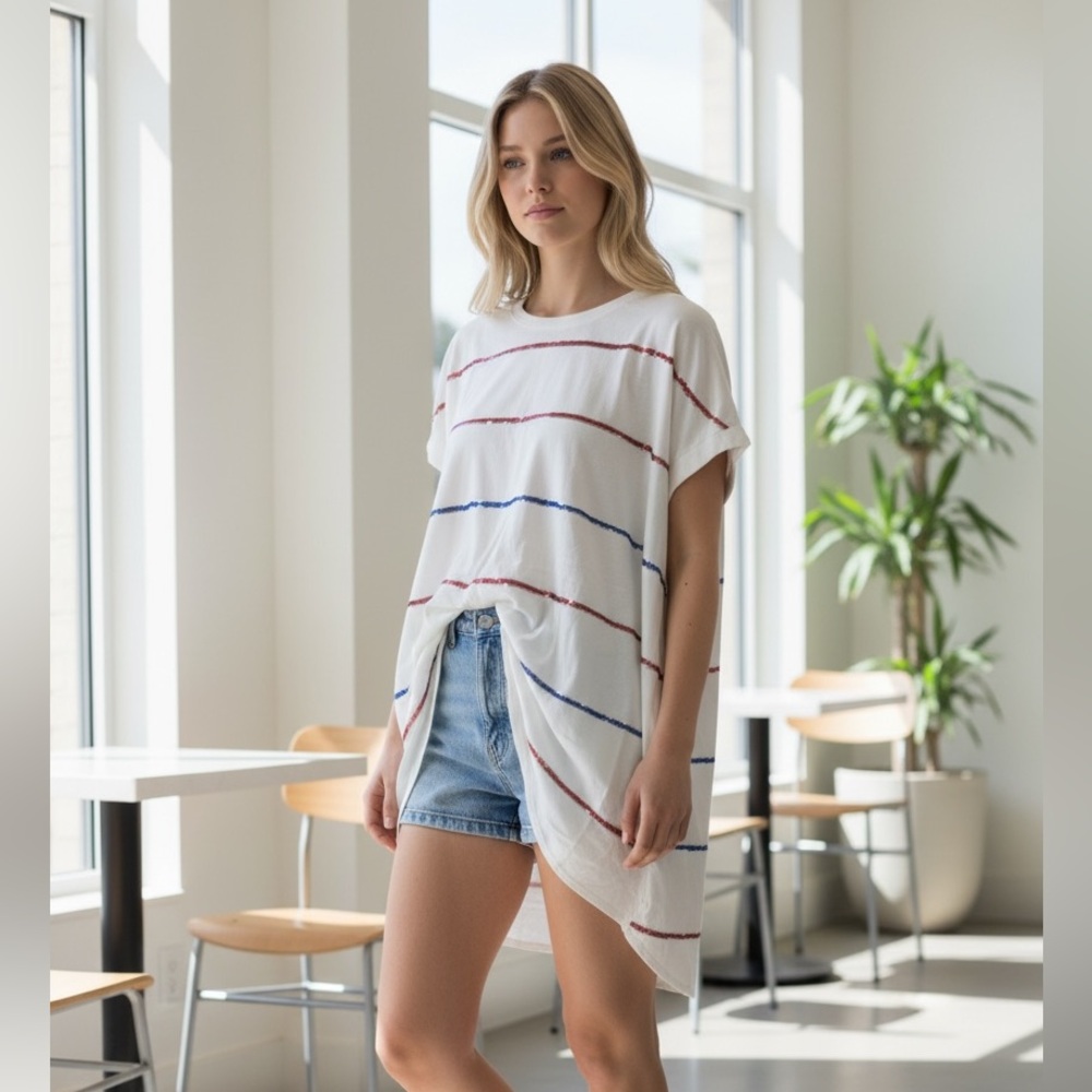 Fanatics White Short-Sleeve Tunic/Dress with Red and Blue Stripes sequins